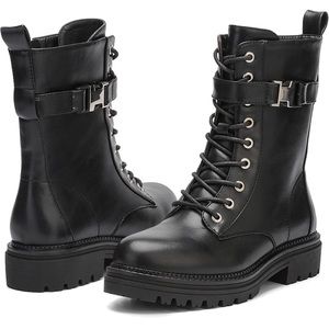 Lace Up Combat Boots Low Heel Mid Calf Military Booties Round Toe